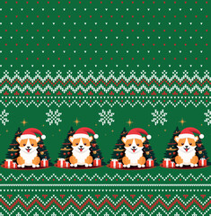 Knitted Christmas and New Year pattern into Corgi dog in a Santa hat. Wool Knitting Sweater Design. Wallpaper wrapping paper textile print.
