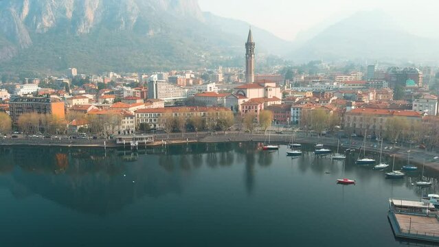 Aerial beautiful morning cityscape of Lecco town, Lombardy, Italy, Europe