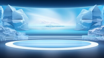 Iceberg Texture Decorated Stage. Photorealistic modern Theater stage. Horizontal Background. Ai Generated Minimalistic Screen Wallpaper.