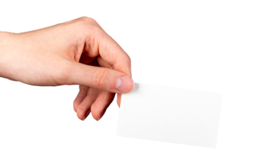 Hand holding, giving business card mock up isolated