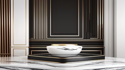 Glamouröser minimalistischer 3D Hintergrund mit Marmor Podest und goldenen Ornamenten für Produktabbildungen