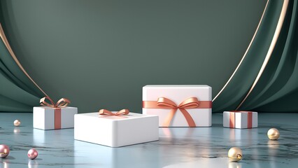 Moderner Hintergrund für Weihnachten. 3D Weihnachtskugeln, Geschenke und Schleifen.