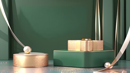 Moderner Hintergrund für Weihnachten. 3D Weihnachtskugeln, Geschenke und Schleifen.