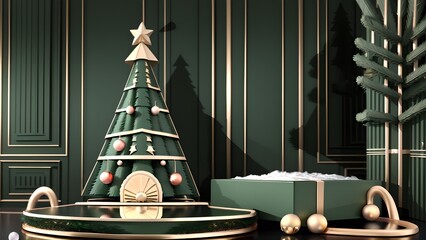 Moderner Hintergrund für Weihnachten. 3D Weihnachtsbaum mit Goldenen Ornamenten,  Weihnachtskugeln und Geschenken.