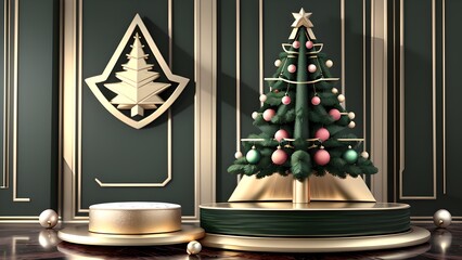 Moderner Hintergrund für Weihnachten. 3D Weihnachtsbaum mit Goldenen Ornamenten und Weihnachtskugeln.