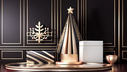 Moderner Hintergrund für Weihnachten. 3D Weihnachtsbaum mit Goldenen Ornamenten,  Weihnachtskugeln und Geschenken.