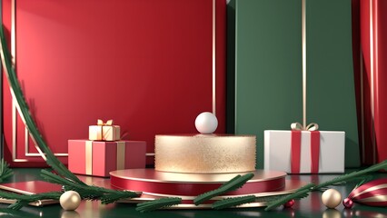 Moderner Hintergrund für Weihnachten. 3D Weihnachtskugeln, Geschenke, Sterne und Schleifen.