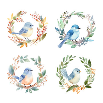 Cute bird with leaves wreath watercolor paint