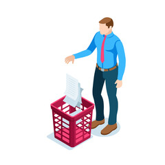 isometric business man throwing papers into the trash bin, in color on a white background, deleting files or getting rid of work documentation