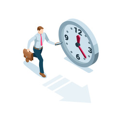 isometric business man with a briefcase and a smartphone runs near the clock, in color on a white background, deadline or time management