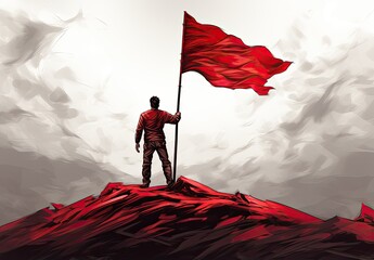 A man standing on top with red flag. Leadership concept. Digital art in watercolor style. Illustration for cover, card, postcard, interior design, decor or print.
