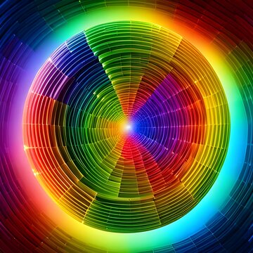 Leuchtende regenbogenfarben bunte Spuren, Kreise und Spiralen, wie technische Wellen oder ein Farbrad. Hintergrund und Vorlage für Wissenschaft, Kunst und Technik.