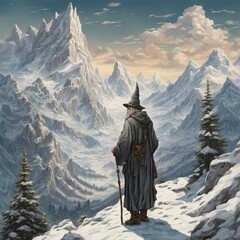 wandering wizard in a snowy mountain range, surrounded by tall peaks and crisp clear air, detailed, winter landscape