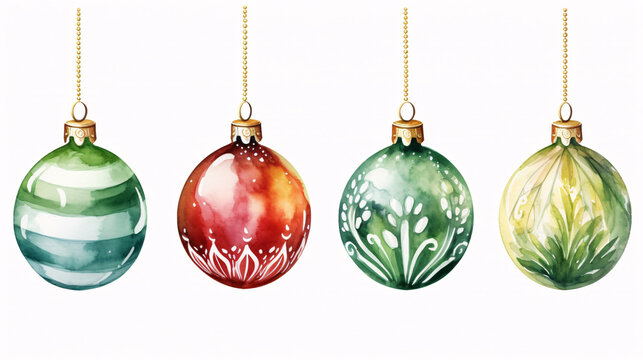 Set of creative Merry Christmas balls for Christmas tree decoration. Watercolor collection.
