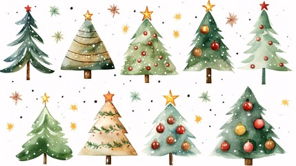 Set of watercolor cartoon christmas trees with decorations. Hand drawn illustration isolated on white background