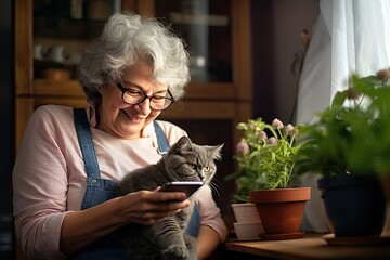 An elderly woman at home sitting on the sofa with her pet cat is holding a smartphone and perhaps taking a selfie with her furry friend. - obrazy, fototapety, plakaty