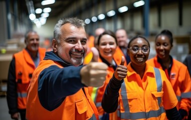 Group of diverse workers in a factory warehouse. Generative AI