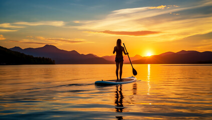 Paddle boarding on stand up paddle board surfboard surfing in ocean sea. woman with oar standing on paddle board at sunset.  