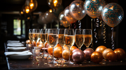Glamorous New Year's Eve party setup complete with confetti-filled balloons and champagne glasses ready to toast to new beginnings.