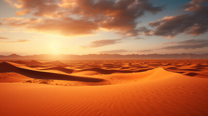 photograph of Beautiful sand dunes in the Sahara desert. wide angle lens sunset lighting generative ai - obrazy, fototapety, plakaty
