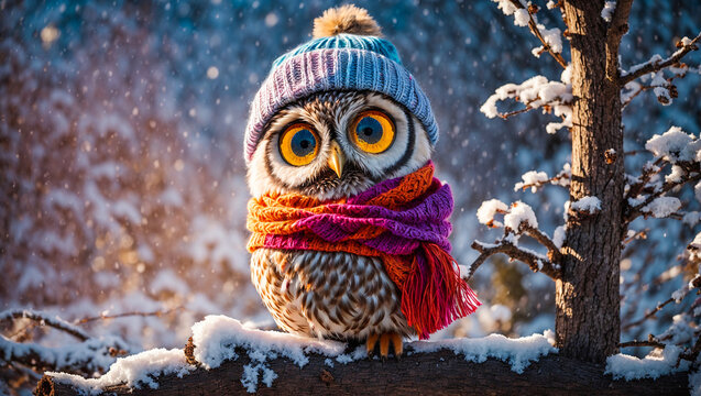 Cute cartoon owl, snow