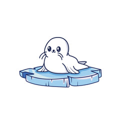 small cute white baby seal lying on an ice floe