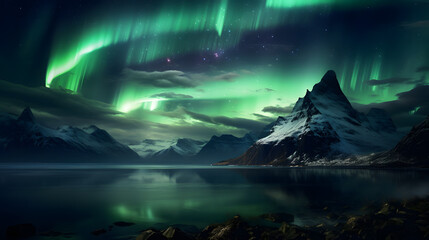 Aurora borealis, northern lights over mountains in the background