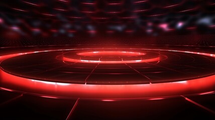 Red LED Texture Decorated Stage. Photorealistic modern Theater stage. Horizontal Background. Ai Generated Minimalistic Screen Wallpaper.