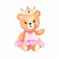 Cute teddy bear princess watercolor painted ilustration.