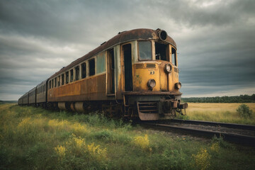 Fototapeta na wymiar Damaged ruined train in the field