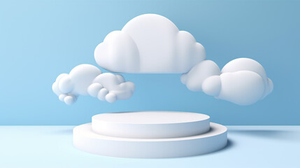 A cloud-themed 3D rendering showcasing geometric shapes as a product stage..