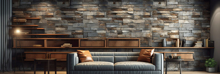 Room with a decorative background grey stone wall wooden decor and a brown parquet floor.generative ai