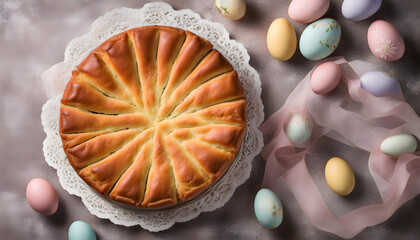easter cake with cute colorful eggs isolated with soft background.