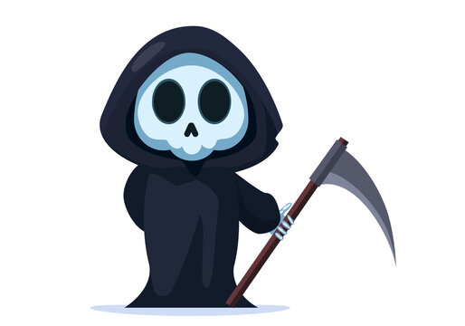 Generative AI and Personal Touch. cute cartoon grim reaper with scythe. .halloween skeleton death character.