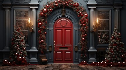 Generative AI, Front door with Christmas decoration, wreath and garland. Red and grey colors	 - obrazy, fototapety, plakaty