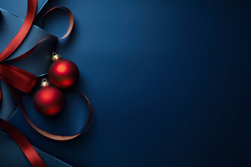 Red and Dark blue Christmas decoration balls with satin ribbons on dark background. Merry christmas and happy new year greeting card with copy space for text