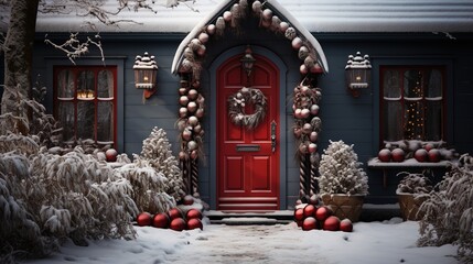 Generative AI, Front door with Christmas decoration, wreath and garland. Red and grey colors	