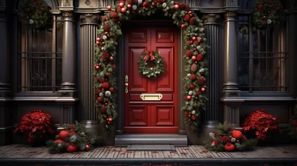 Foto op Plexiglas Generative AI, Front door with Christmas decoration, wreath and garland. Red and grey colors  © DELstudio