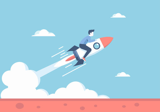 Generative AI and Personal Touch. man riding a high flying rocket to achieve seccess