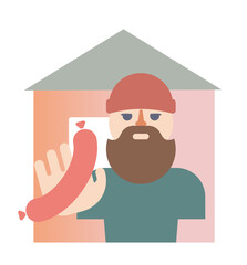 A construction worker eats fast food and holds a sausage. An employee has lunch and a snack at the workplace. Flat graphic vector illustration on white background