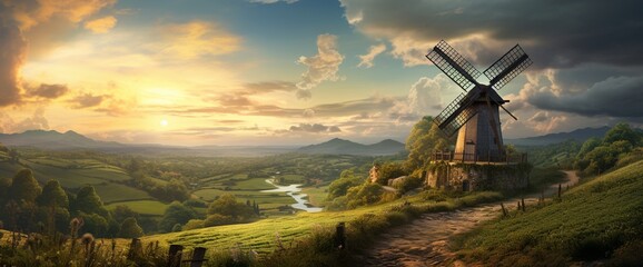 A rustic windmill set against a picturesque countryside, embodying a symbol of sustainability. - obrazy, fototapety, plakaty