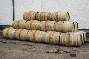 Empty whisky casks in a whisky distillery