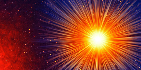 glühend orange Sonne. Feuerball mit feurigen Sturm aus Flammen und Strahlen werden ins Universum explodiert - obrazy, fototapety, plakaty
