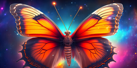 Falter oder Schmetterling mit orange rot glühenden schillernden Flügeln fliegt in der Nacht vor einem Hintergrund aus einem Universum mit bunt leuchtenden Sternen und Galaxien - obrazy, fototapety, plakaty