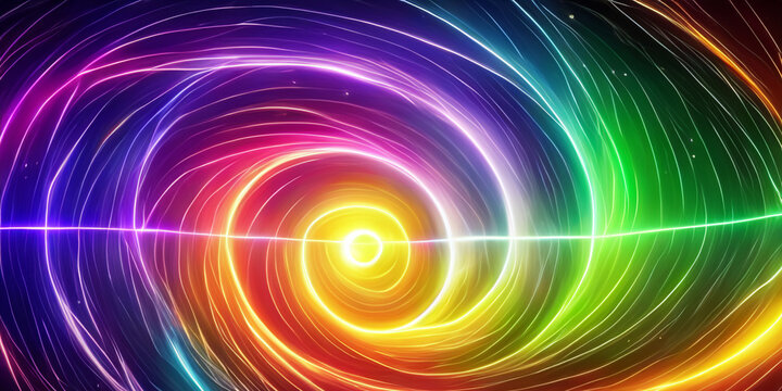 Leuchtende regenbogenfarben bunte Spuren, Kreise und Spiralen, wie ein kosmische Wellen in fernen Galaxien. Hintergrund und Vorlage für Wissenschaft und Technik.
