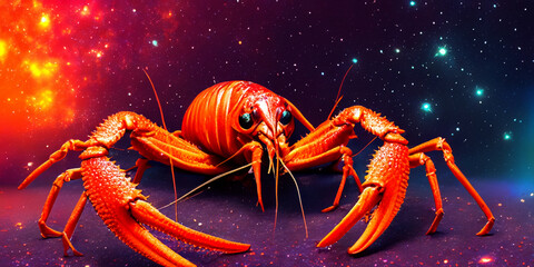 Krebs, Krabbe oder Hummer, Langustentier in rot Orange leuchtend, Tierkreiszeichen, Sternzeichen, Horoskop und Astrologie vor einem bunt leuchtenden Universum