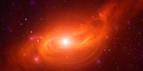 Wolken aus leuchtend orangen Galaxien in der Weite des Universums. Strahlende Sonnen und dramatisches Glühen