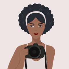 dark skinned curly girl-photographer with camera - flat illustration