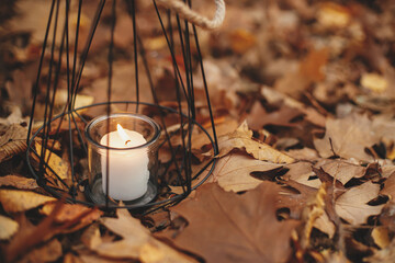 Modern minimalist black lantern with burning candle on background of autumn leaves in forest. Hello...