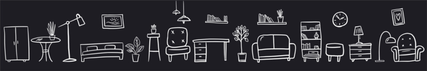Vector horizontal collection of various furniture and interior items, hand-drawn in the style of doodles © Abundzu